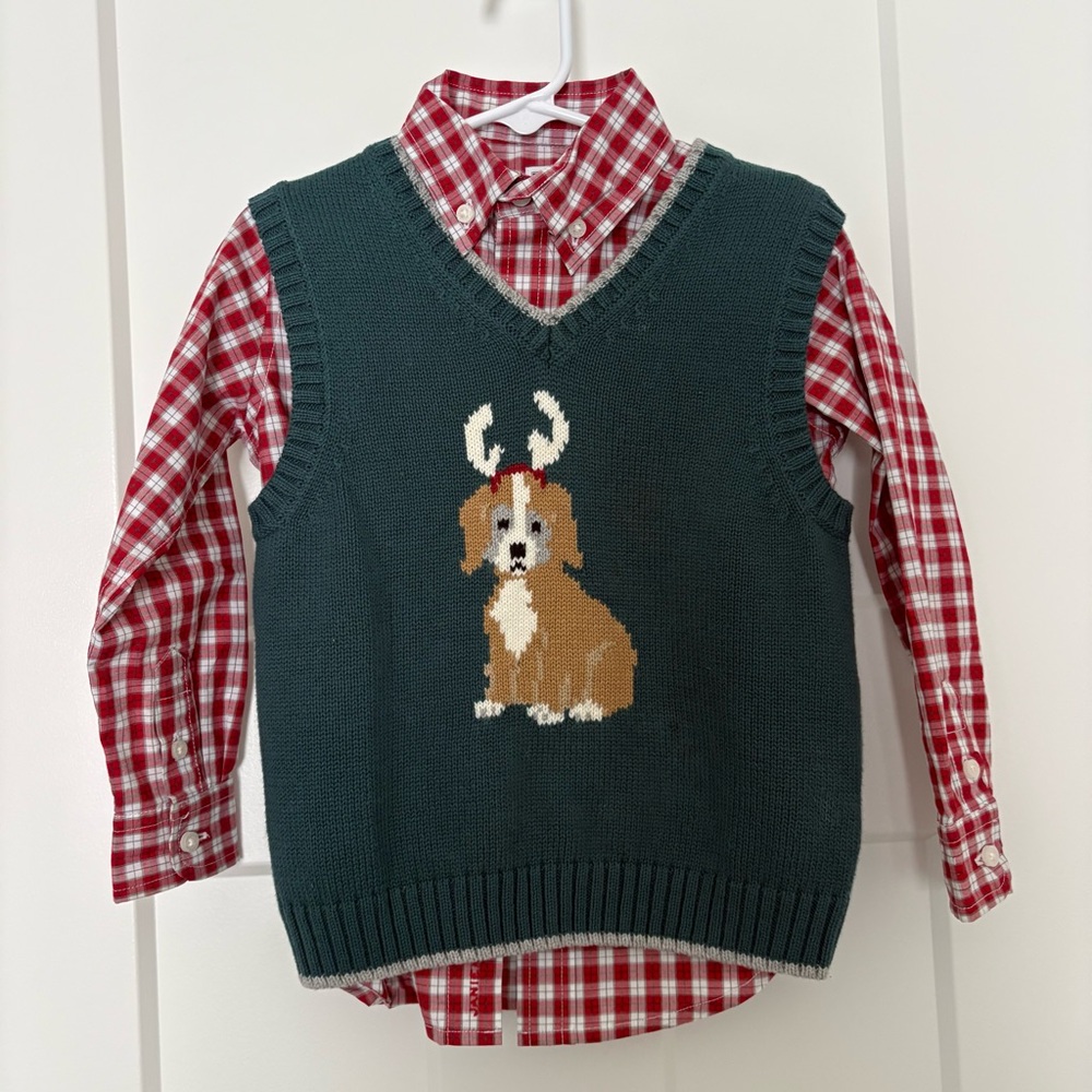 Janie and Jack 2 piece set -Doggie Sweater vest w/ Red Plaid Shirt Size 3